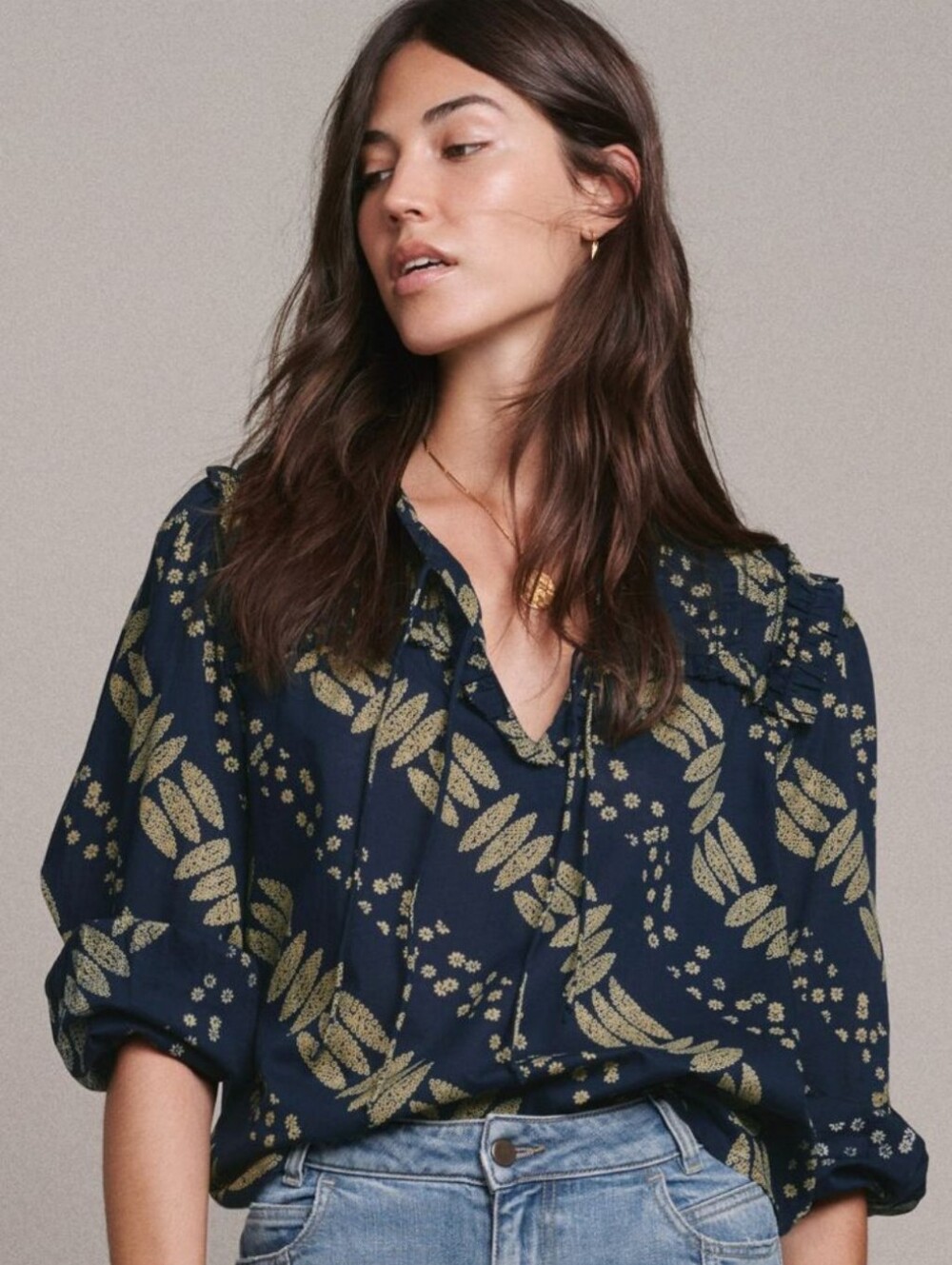 Wrap London Long Sleeve Peasant Top Frill Detail Dark Blue Cream Pattern 4